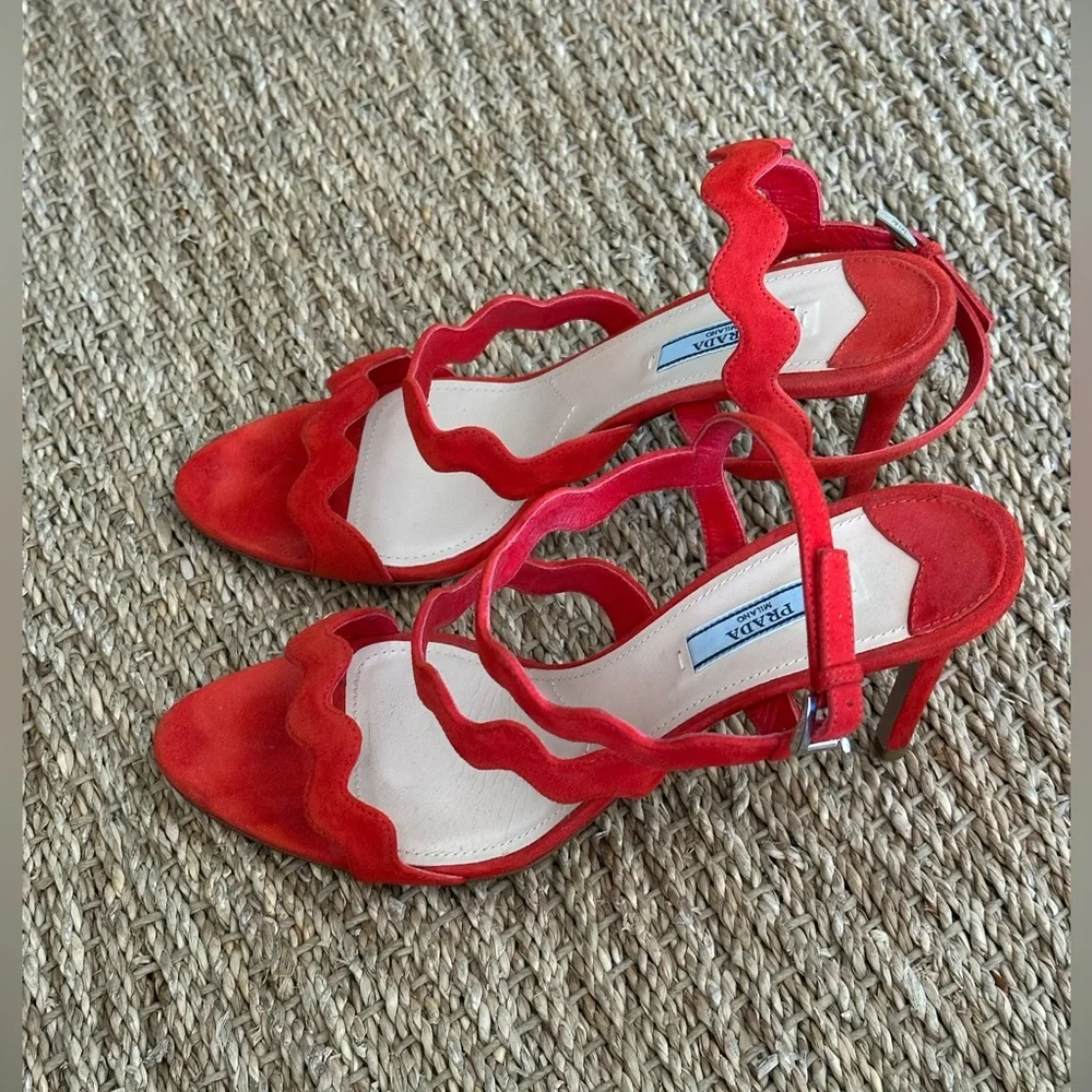 Prada Suede Wavy-Strap Sandal, Red Orange Size 40 - Picture 2 of 6